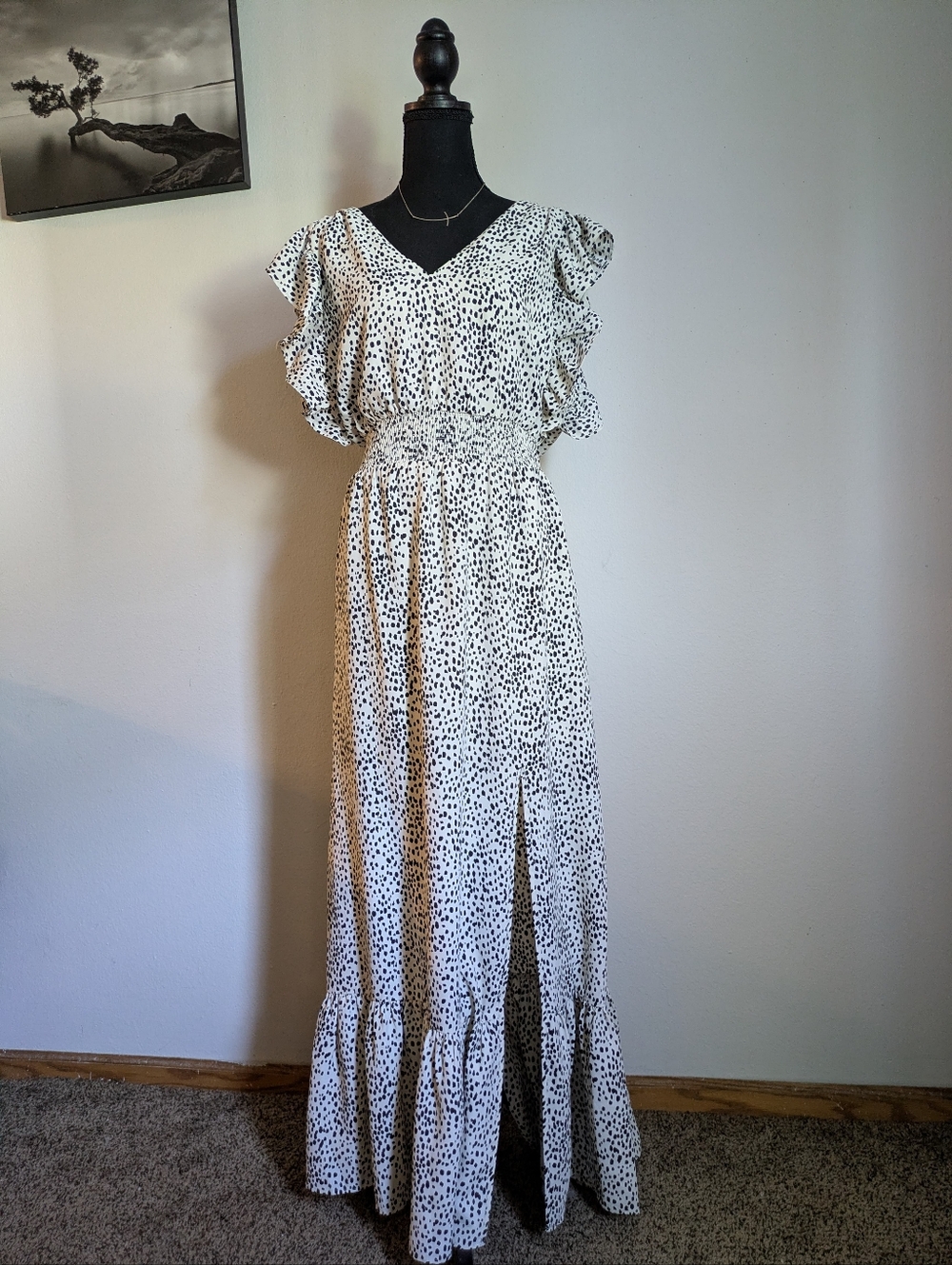 Express Dalmatian Dot Smocked Waist Maxi Dress - Flutter Sleeves & Slit- Size M